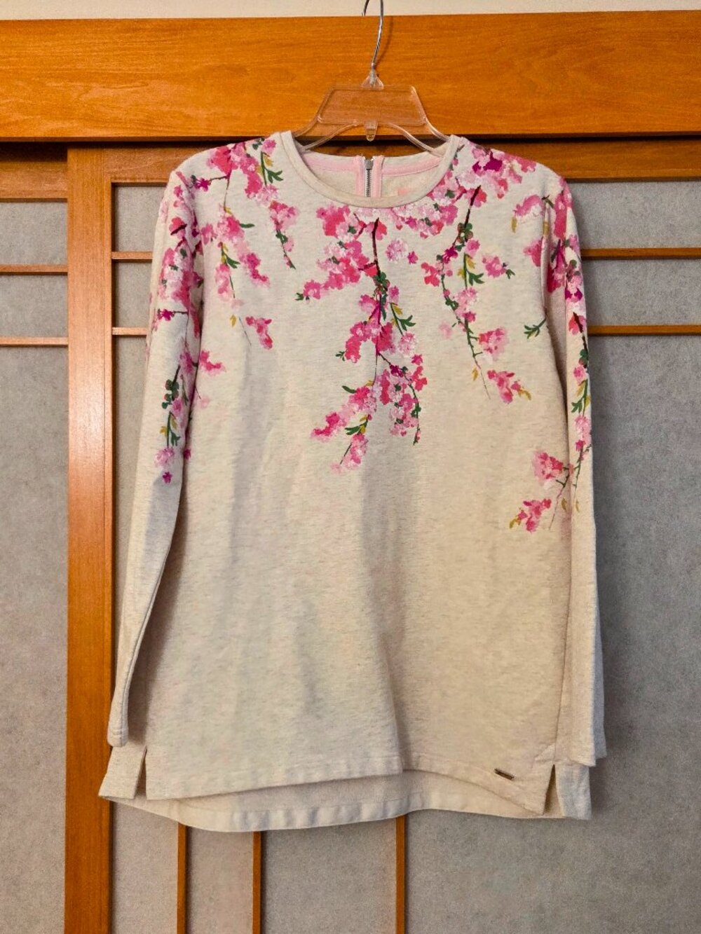 Joules UK 14 / US 10 Beige Floral Pink Flowers Tunic Long Sleeve Zip closure